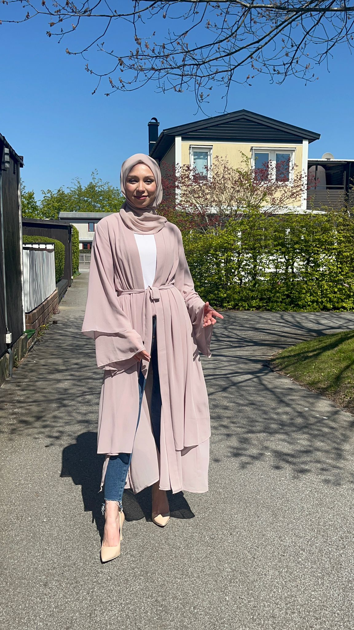 Chiffon open Abaya set - Nude Beige