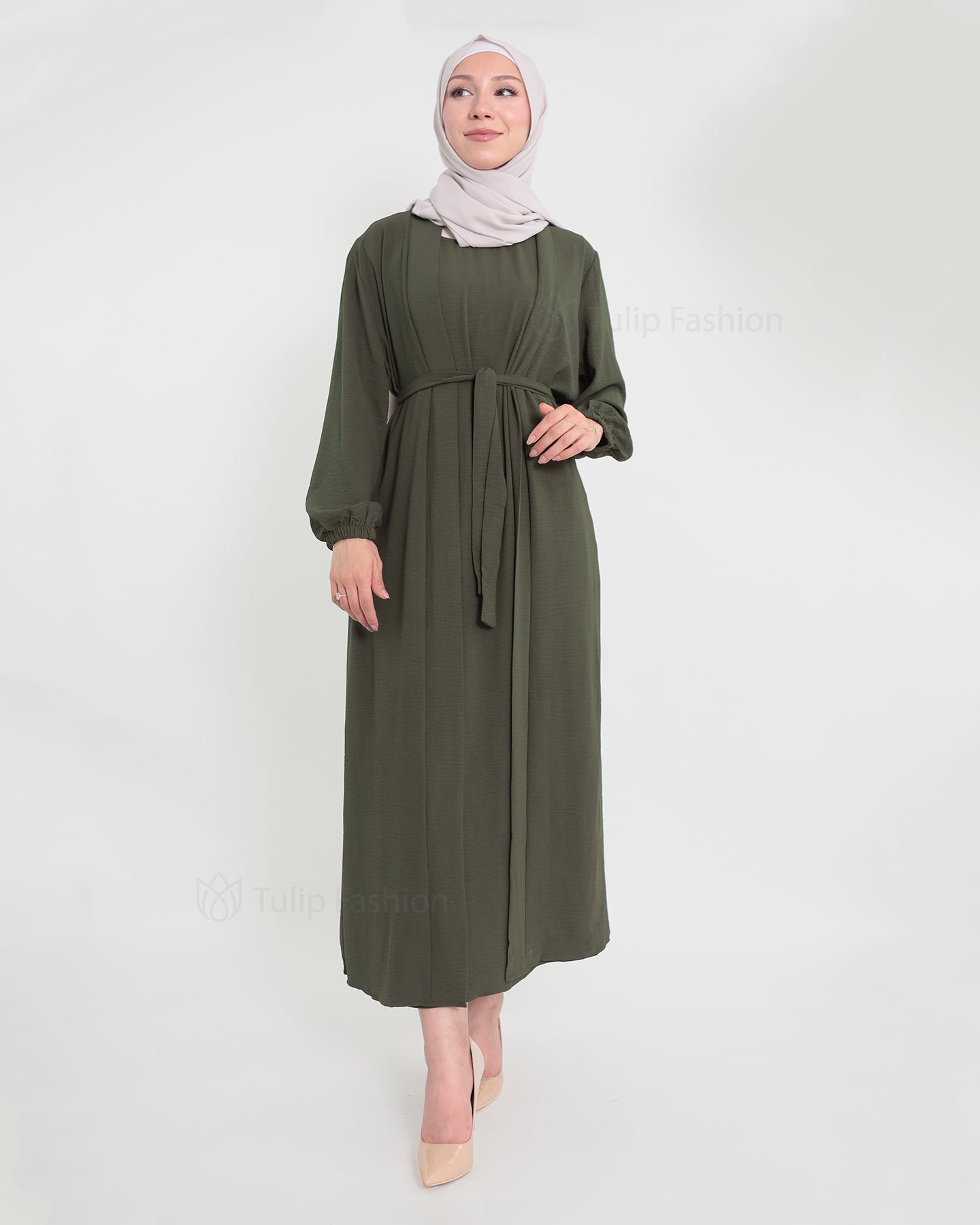 Open Abaya set with sleeveless dress - Olive Green