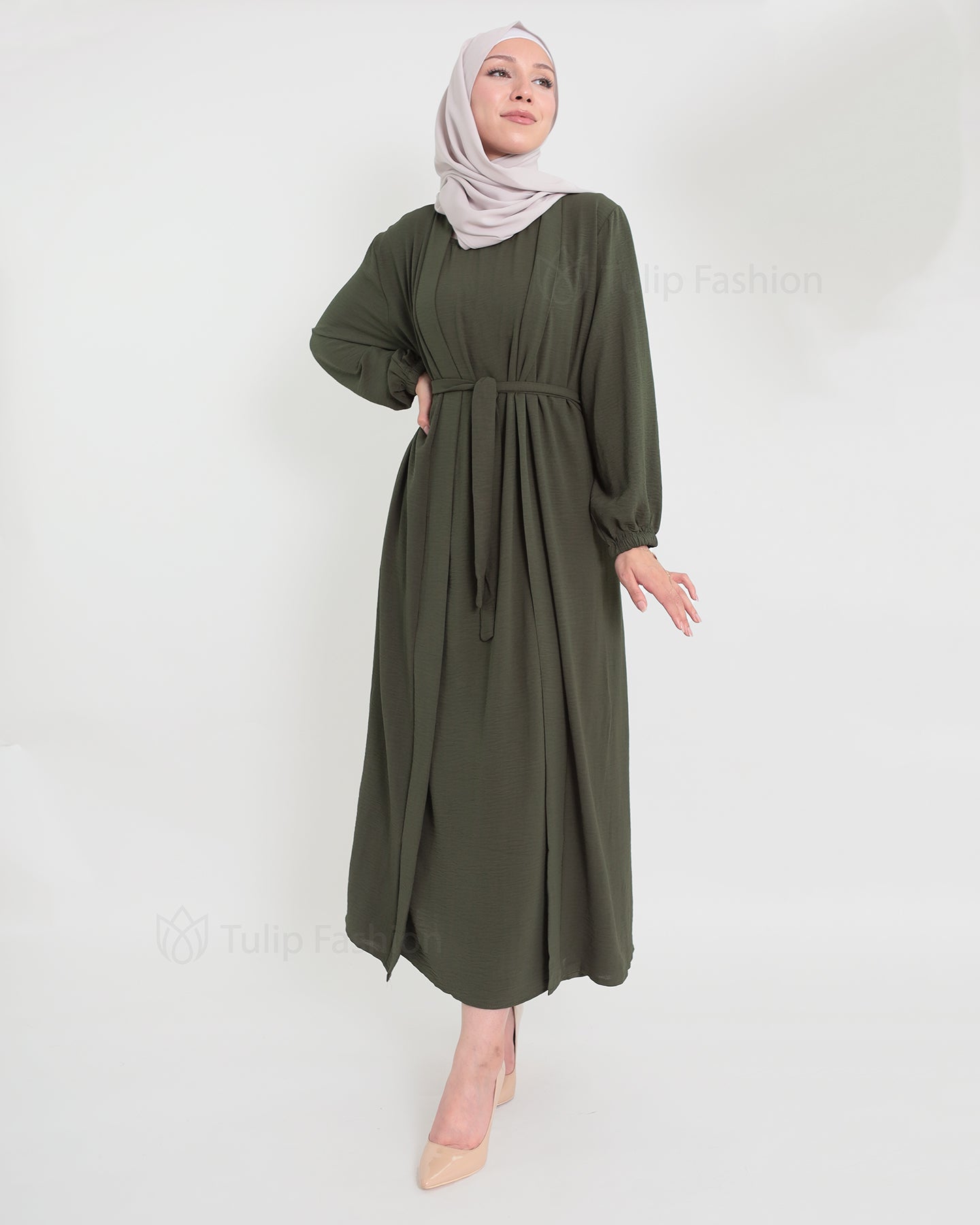Open Abaya set with sleeveless dress - Olive Green