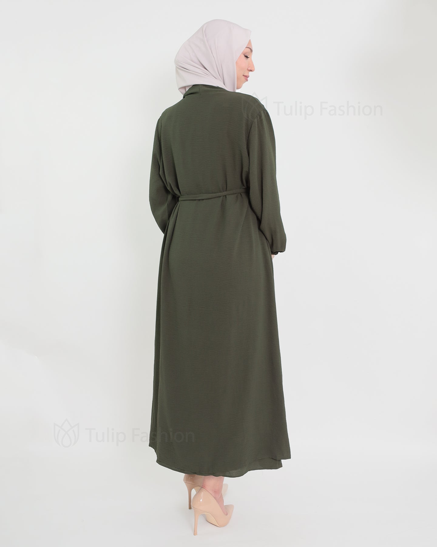 Open Abaya set with sleeveless dress - Olive Green