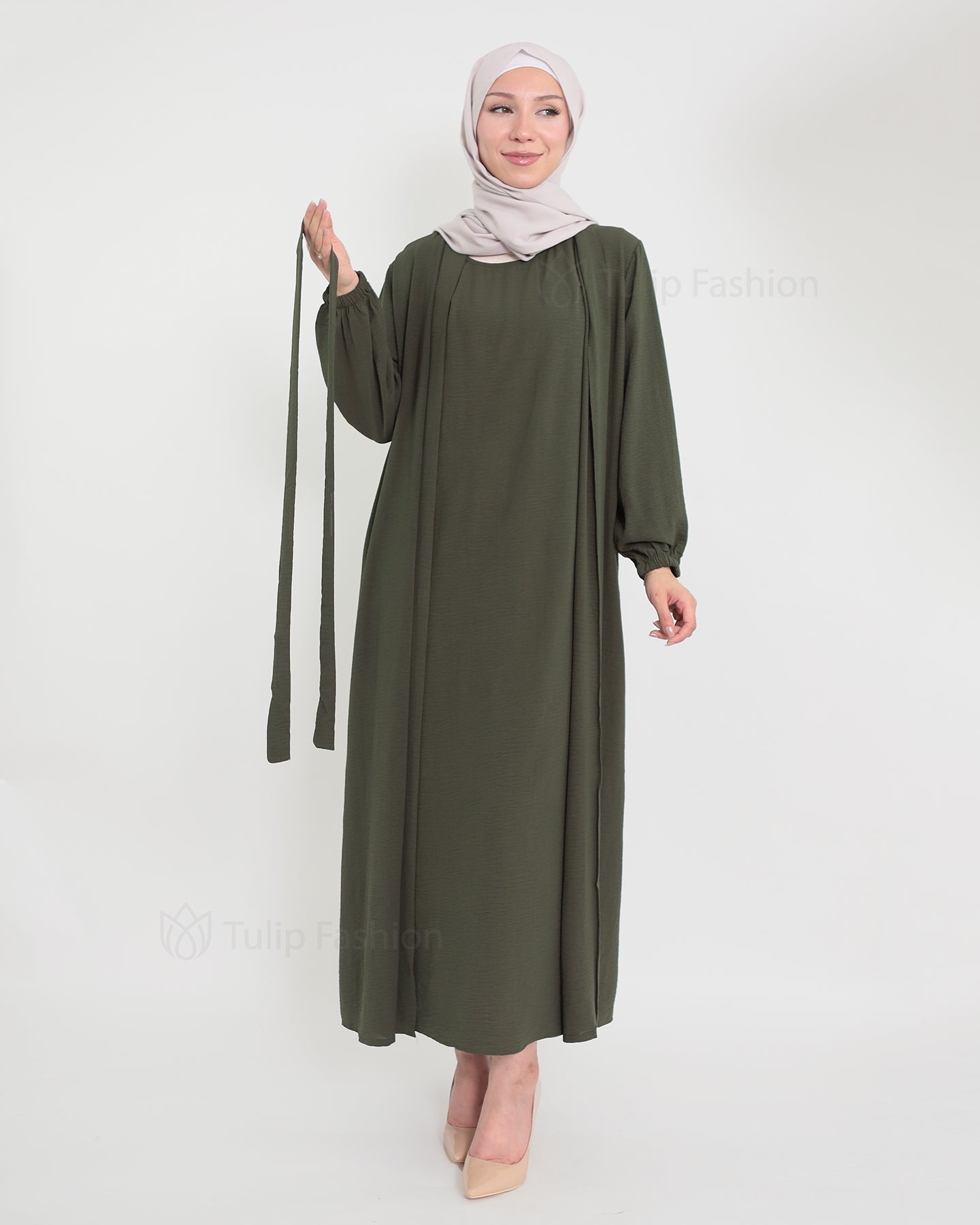 Open Abaya set with sleeveless dress - Olive Green