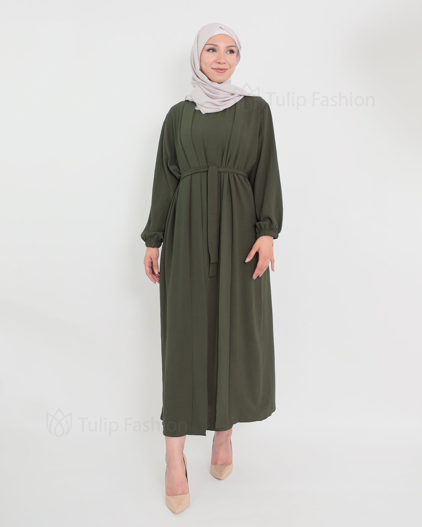 Open Abaya set with sleeveless dress - Olive Green