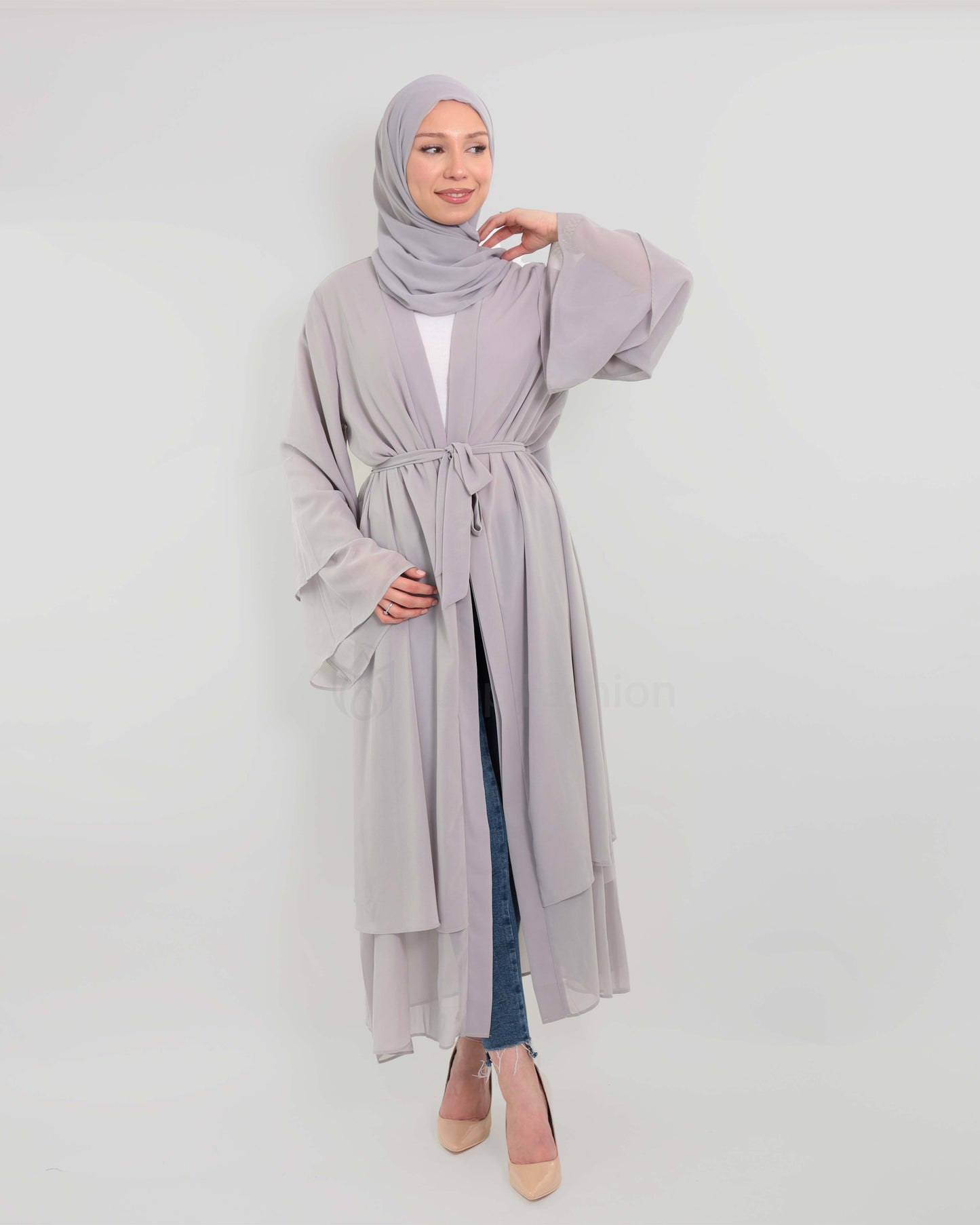 Chiffon open Abaya set - Grey