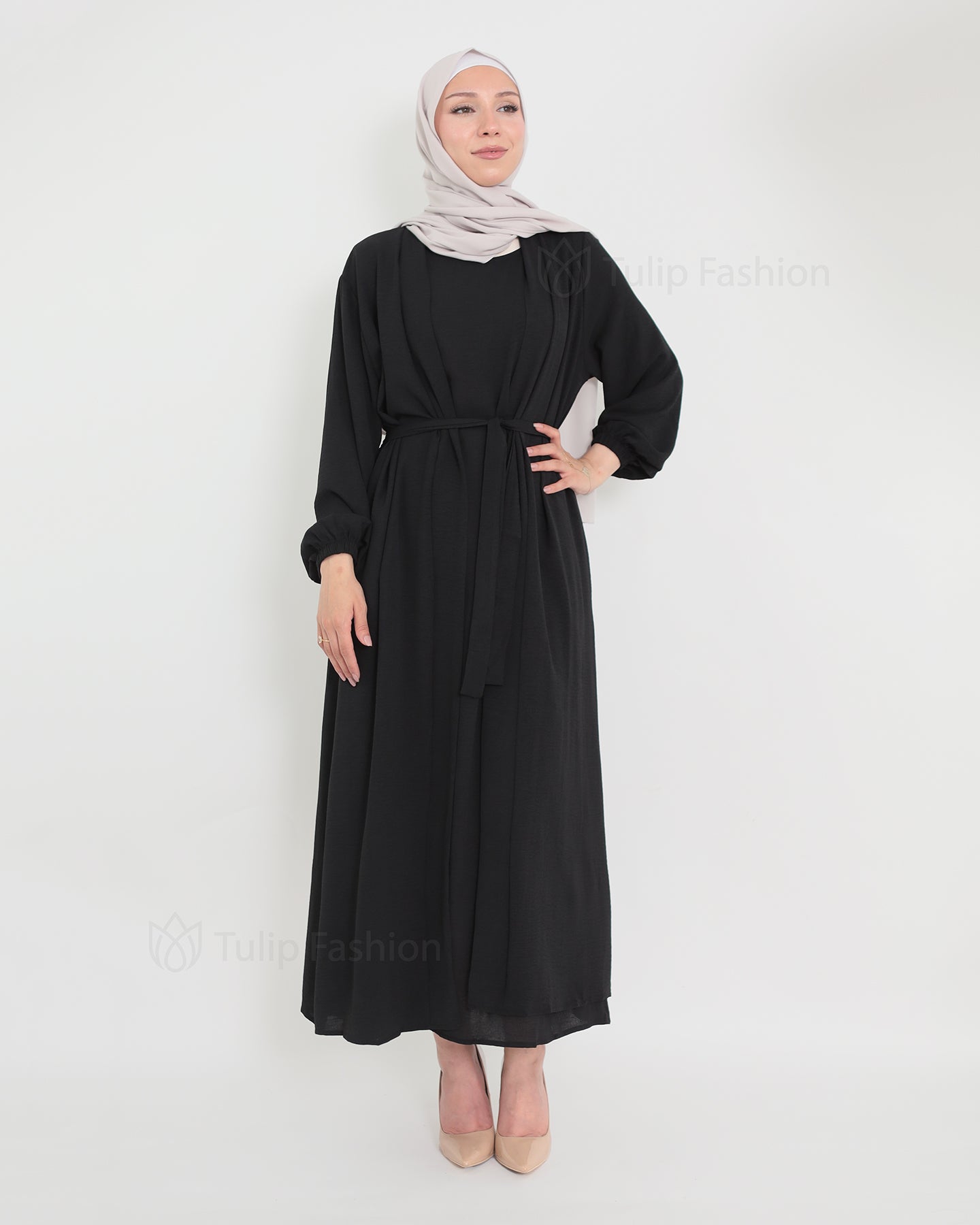 Open Abaya set with sleeveless dress - Black