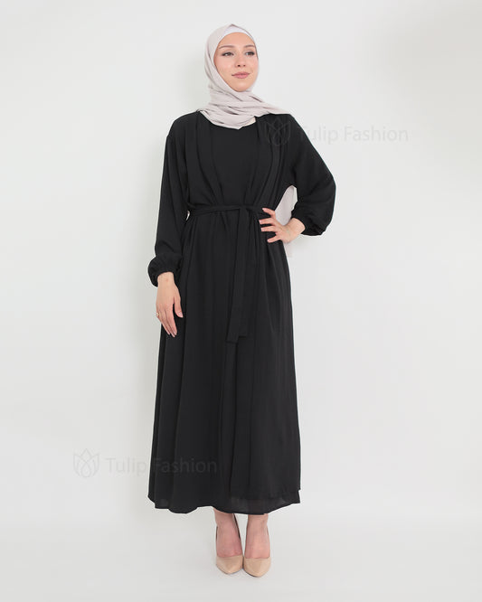 Open Abaya set with sleeveless dress -  Black