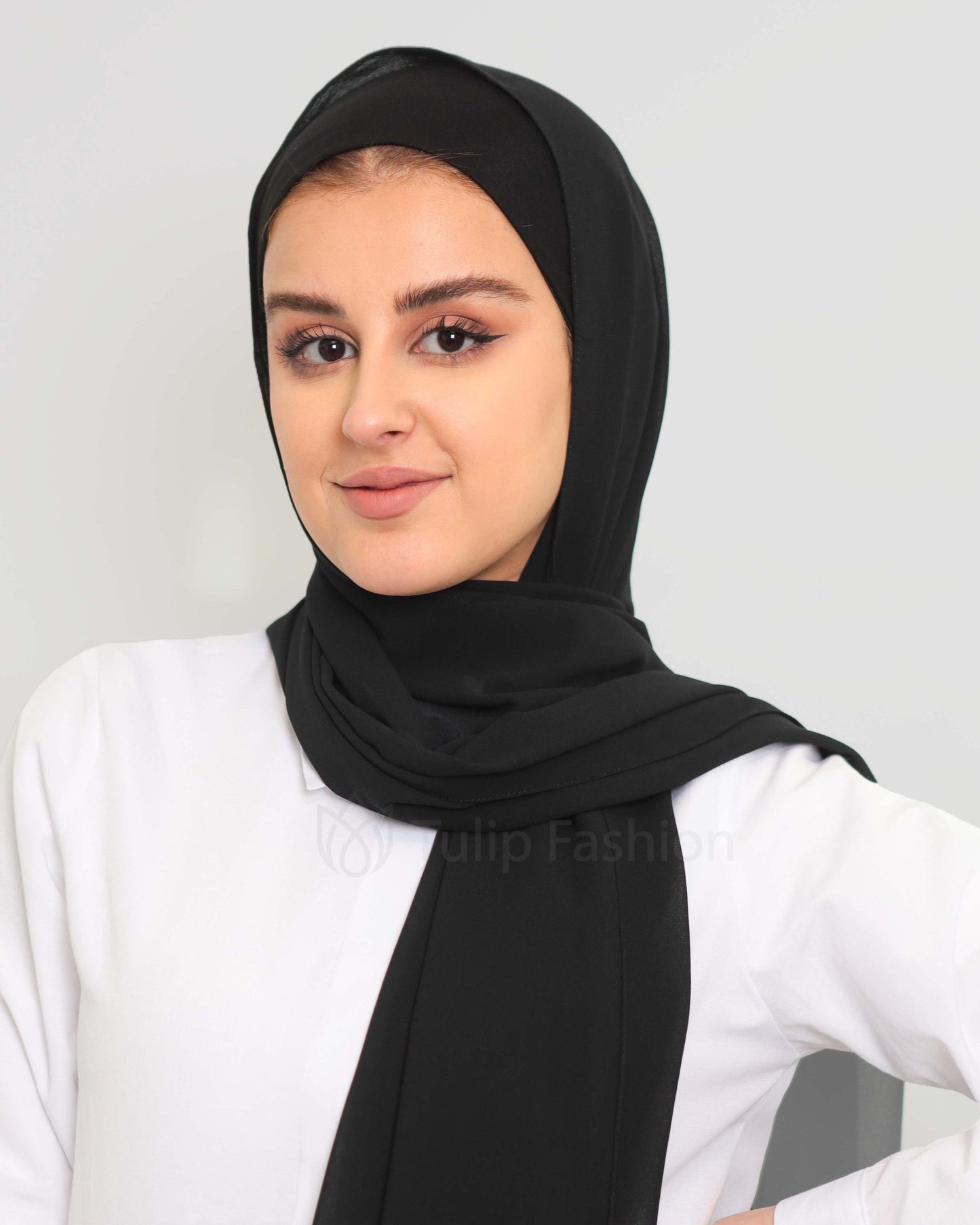 Premium Chiffon Hijab and Satin Lined Underscarf Set in Matching Color - Black