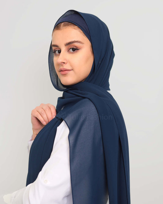 Premium Chiffon Hijab and Satin Lined Underscarf Set in Matching Color - Midnight Blue