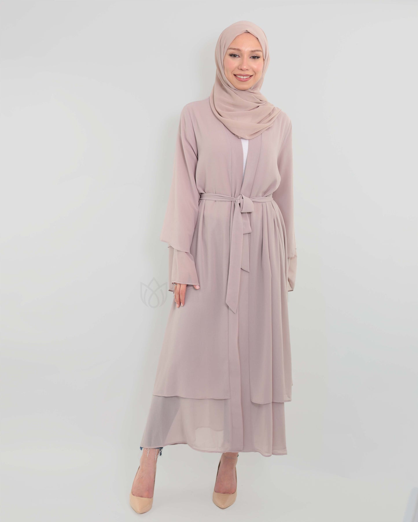 Chiffon open Abaya set - Nude Beige