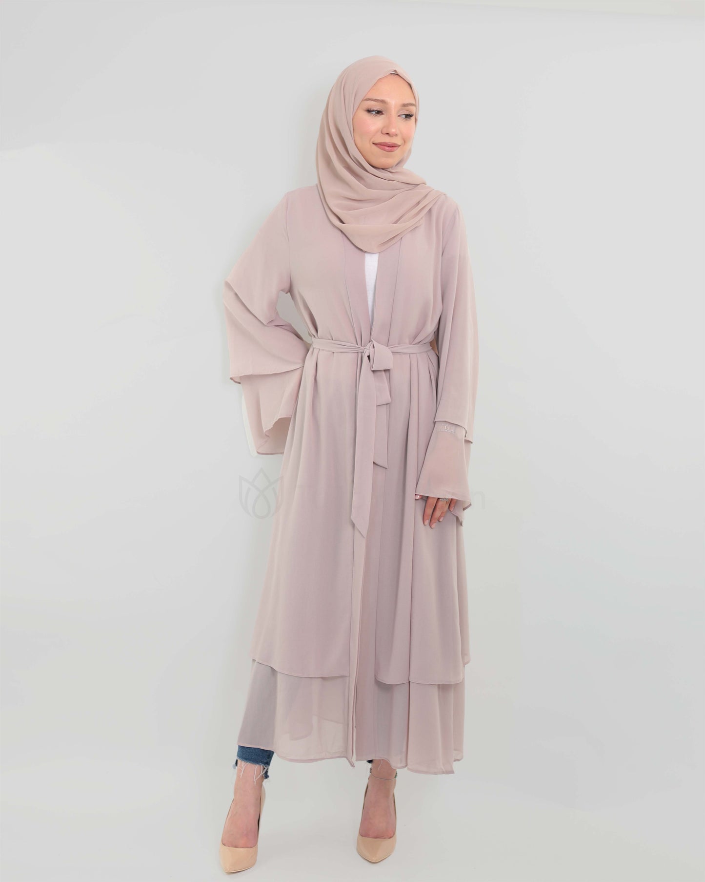 Chiffon open Abaya set - Nude Beige