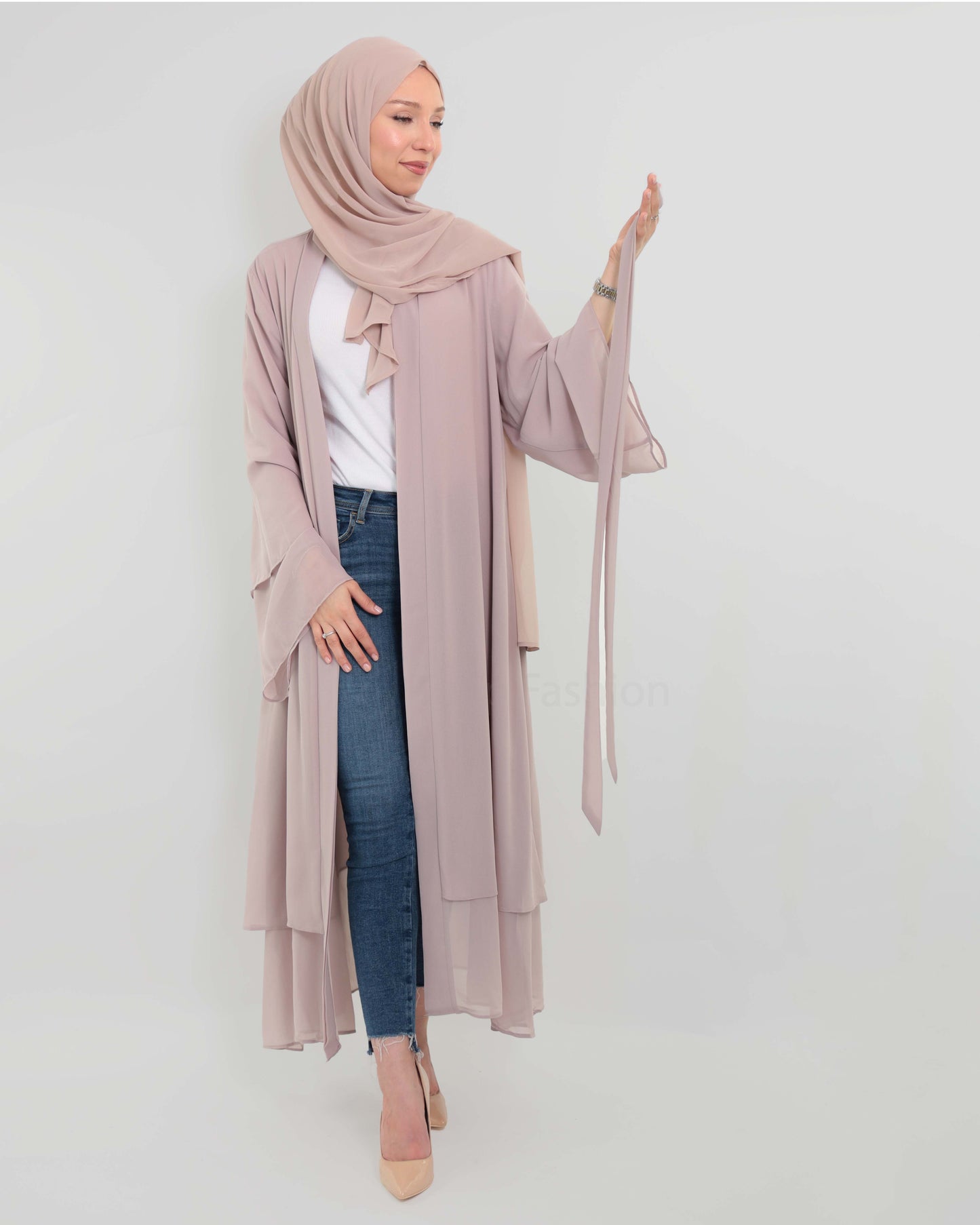 Chiffon open Abaya set - Nude Beige