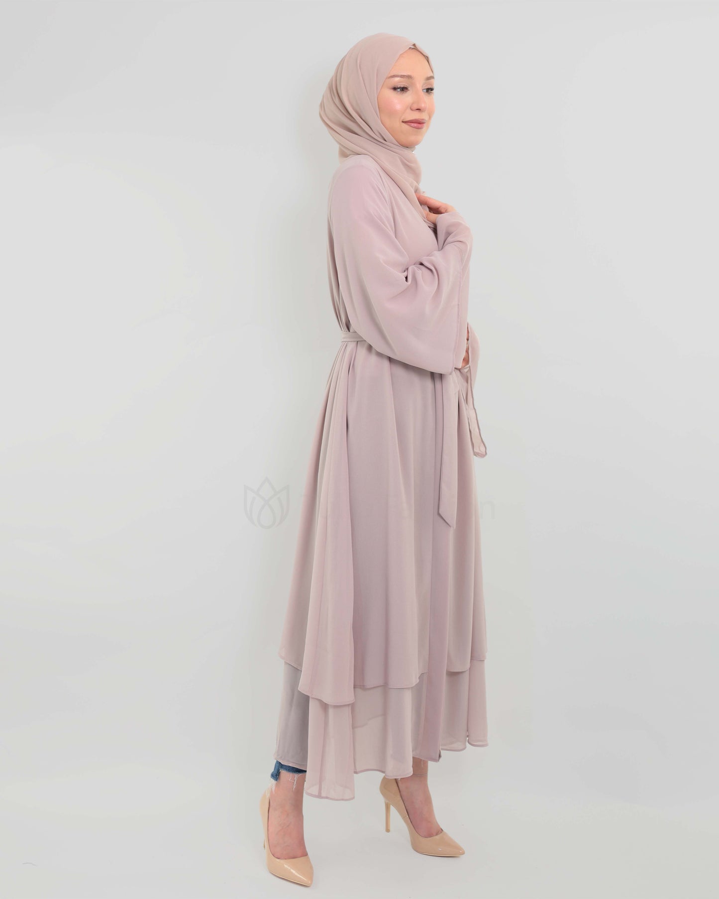 Chiffon open Abaya set - Nude Beige