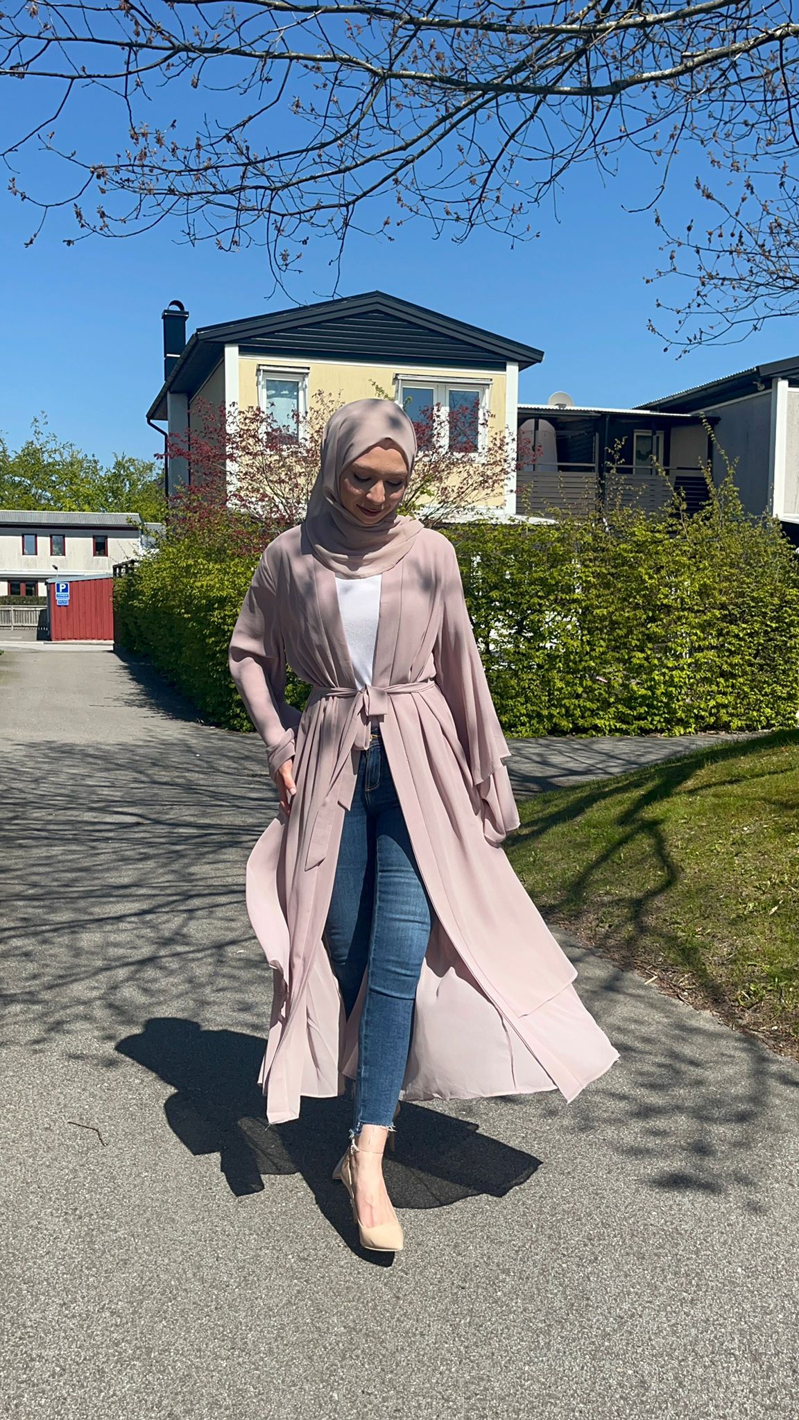 Chiffon open Abaya set - Nude Beige