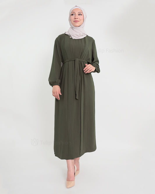 Open Abaya set with sleeveless dress - Olive Green