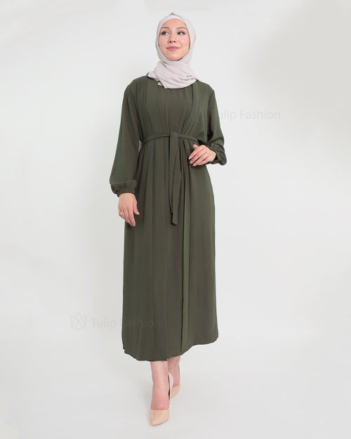 Open Abaya set with sleeveless dress - Olive Green