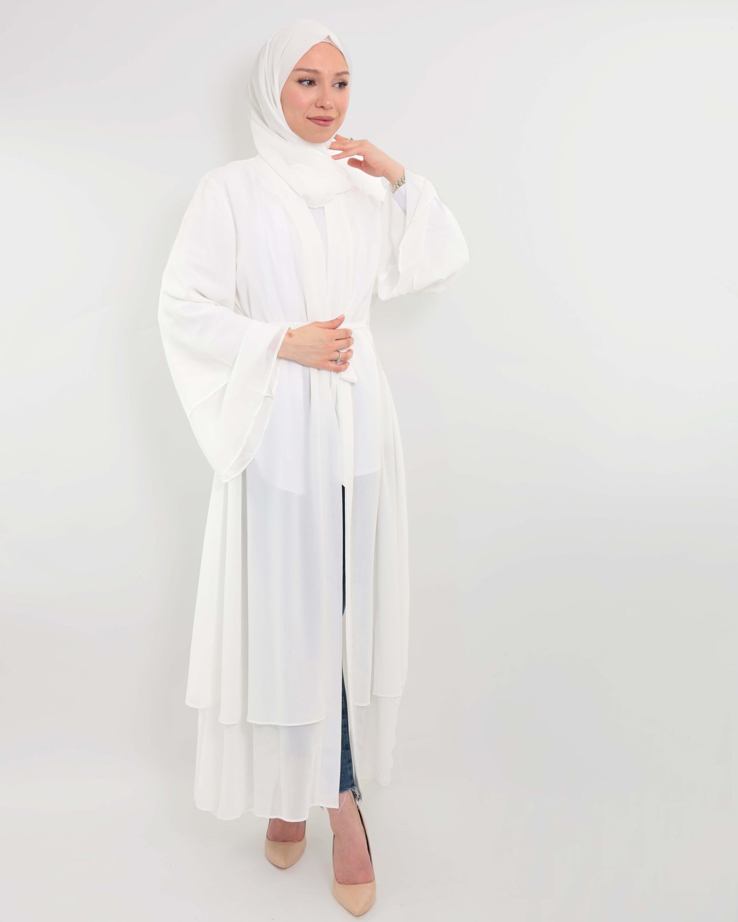 Chiffon open Abaya set -  White
